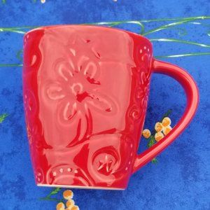Starbucks 2009 Red Oval Etched Floral Mug EUC